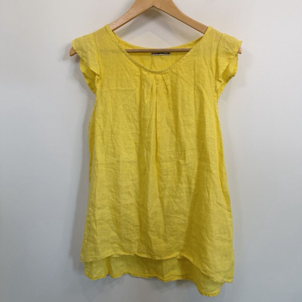 Terzo Millennio Top Women’s Large Yellow Linen Blouse Italy Ruffle Hi Lo Coastal